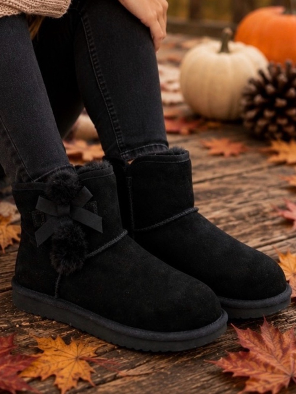 Ugg Women’s Black Mini Koolaburra Faux Fur Pom Bow Cozy Winter Fall Ankle Boots